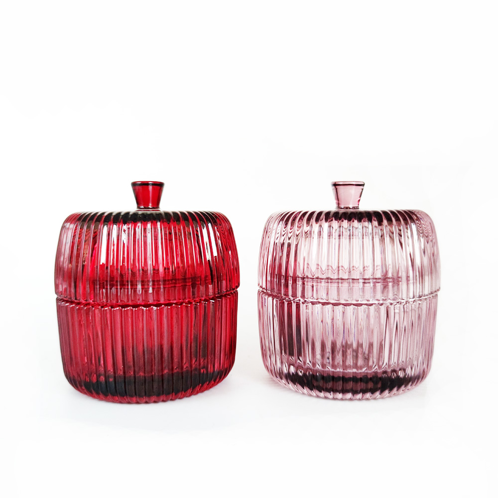 Vertical line pattern colored glass candle jar with glass handle-type lid