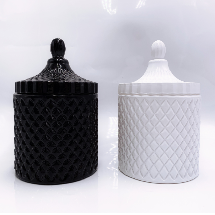 Embossed Effect Black/White Glass Candle Jar With Glass Lid