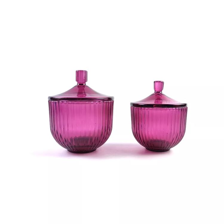 Purple Colored Crystal Glass Ribbed Glass Jar For Candle Making