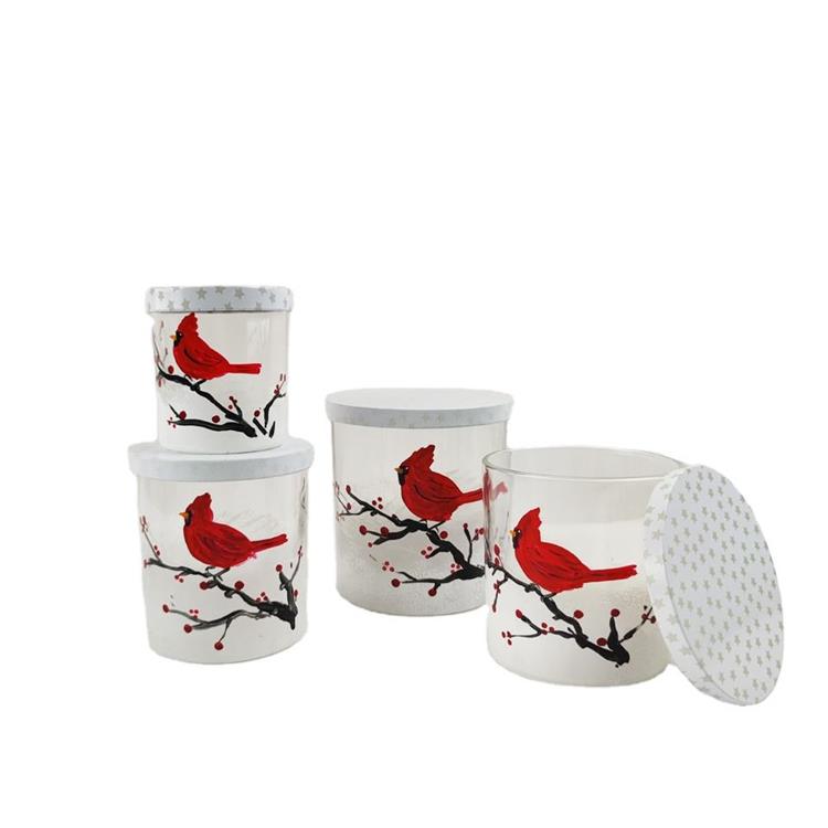 Hand drawing candle container with star pattern lid unique design bird pattern glass candle holder