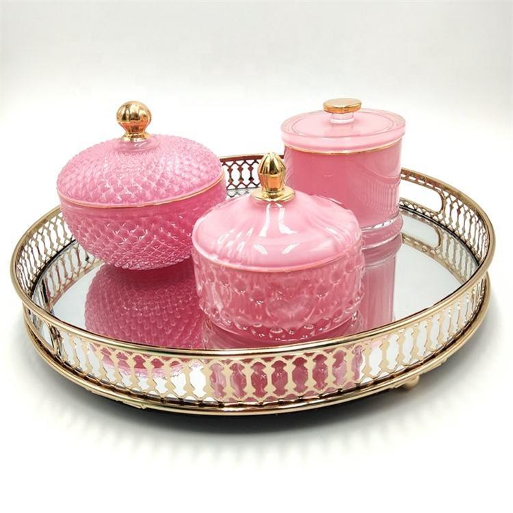 Pink And Green Diamond Knob Jar Luxury Candle Container Candle Vessel For Home Decoration And Gift Use