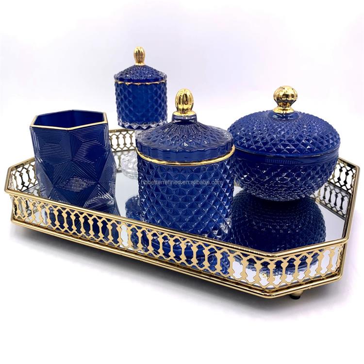 Dark blue navy home Decoration Glass vintage empty wax cup Candlesticks candle holder jar Serving Trays