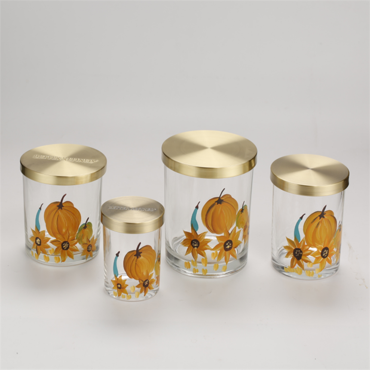 Glass containers with handdrawing and metal lids