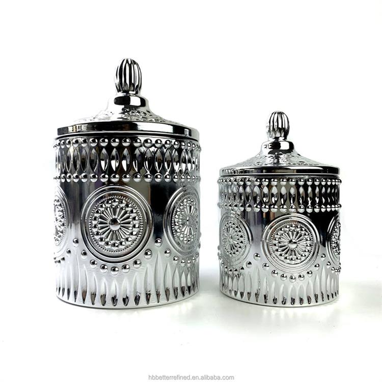 Unique Decorative luxury silver electro plating metallic colored Glass Candy Jar with Lids