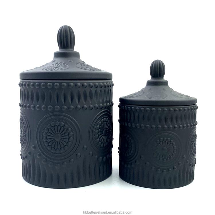 Unique Decorative matte frosted black empty Antique Design Glass Candy Jar with Lids