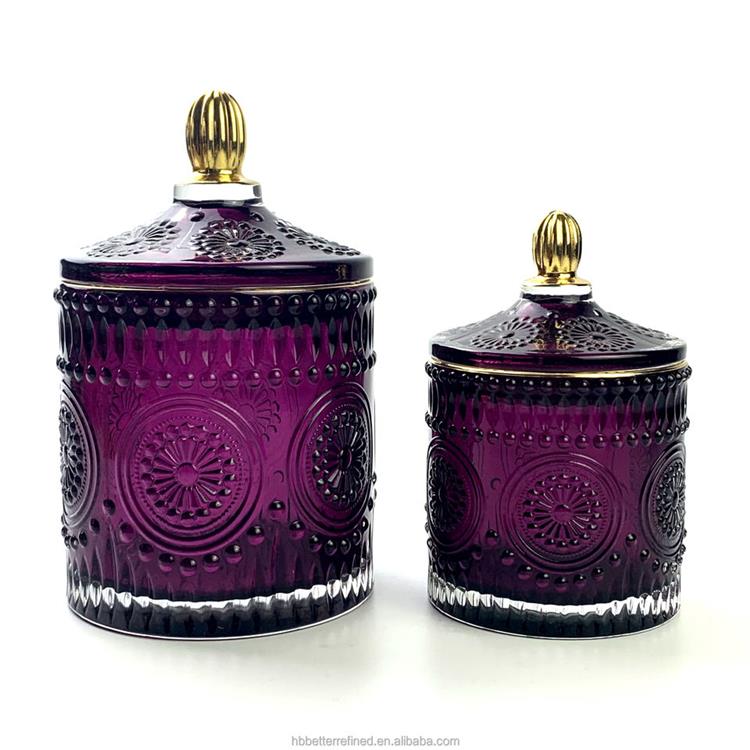 Unique Decorative luxury native deep purple empty Antique Design Glass Candy Jar with Lids