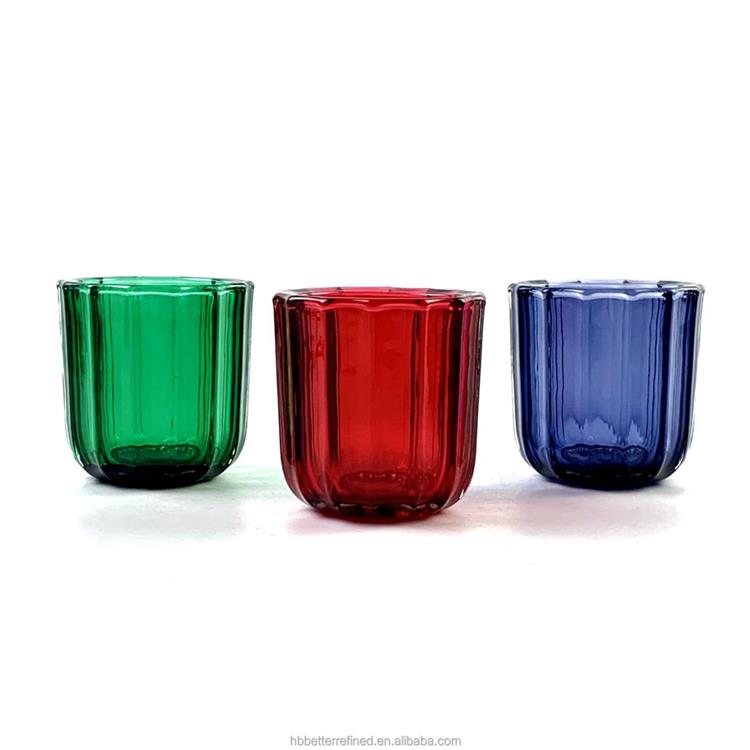 Ribbed spraying blue red christmas wax container colored hexagon prism sexangle glass candle jar