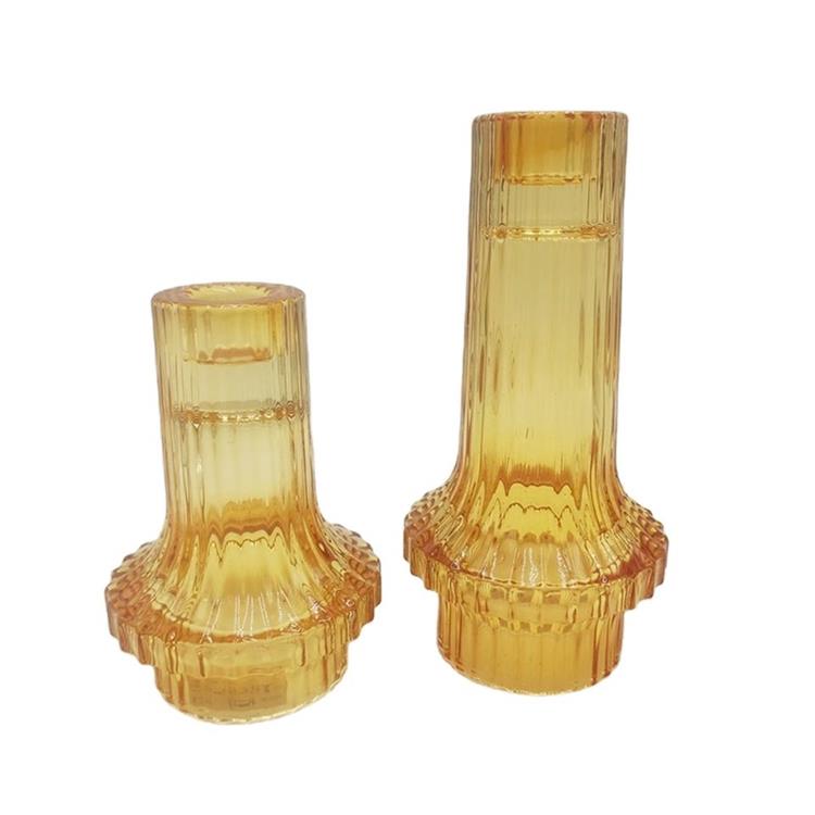 Amber color ribbed design glass taper candle holder