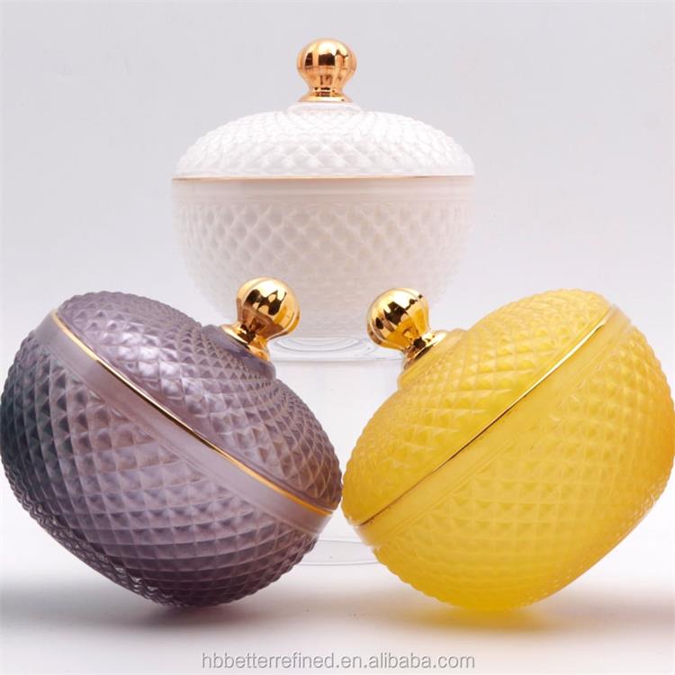 Geo cut yellow food empty round citrine jar for candle making with glass lid crystal navy candy jar with lid wax container