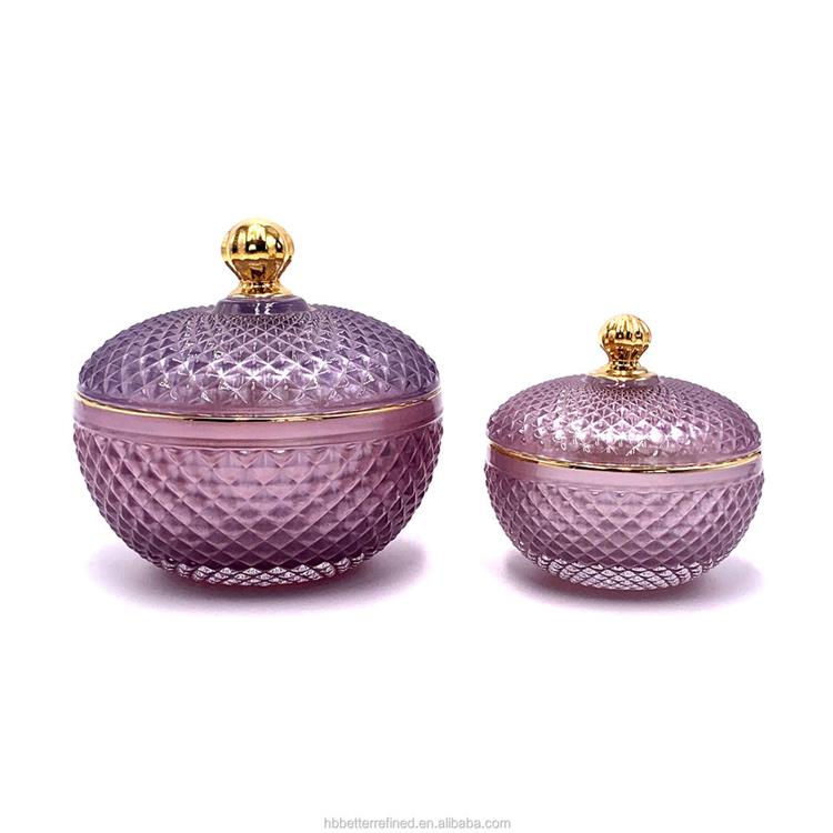 New geo cut pearl purple empty round citrine jar for candle making with glass lid crystal glass candy jar with lid