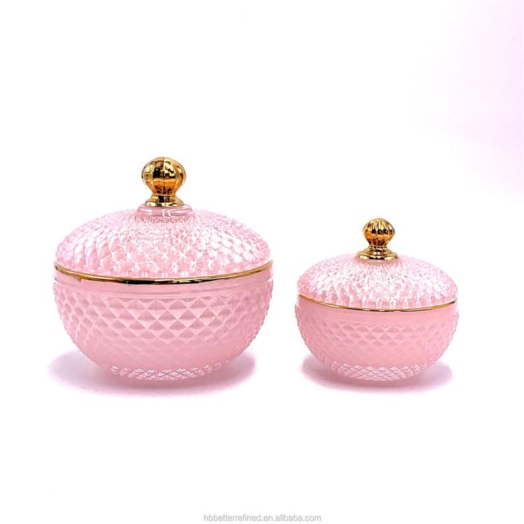 Glass geo cut light pink empty round citrine jar for candle making with glass lid