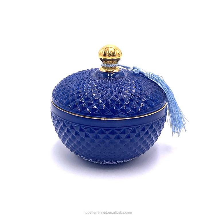 Glass geo cut blue round citrine jar for candle making with glass lid crystal navy candy jar with lid wax container