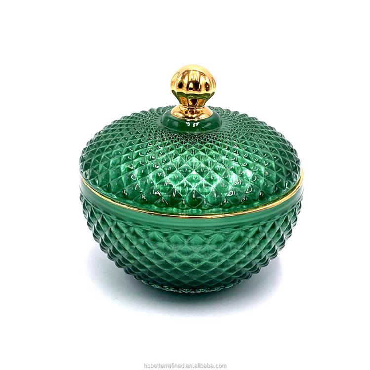 Geo cut peacock green round citrine jar for candle making with glass lid crystal glass candy jar with lid