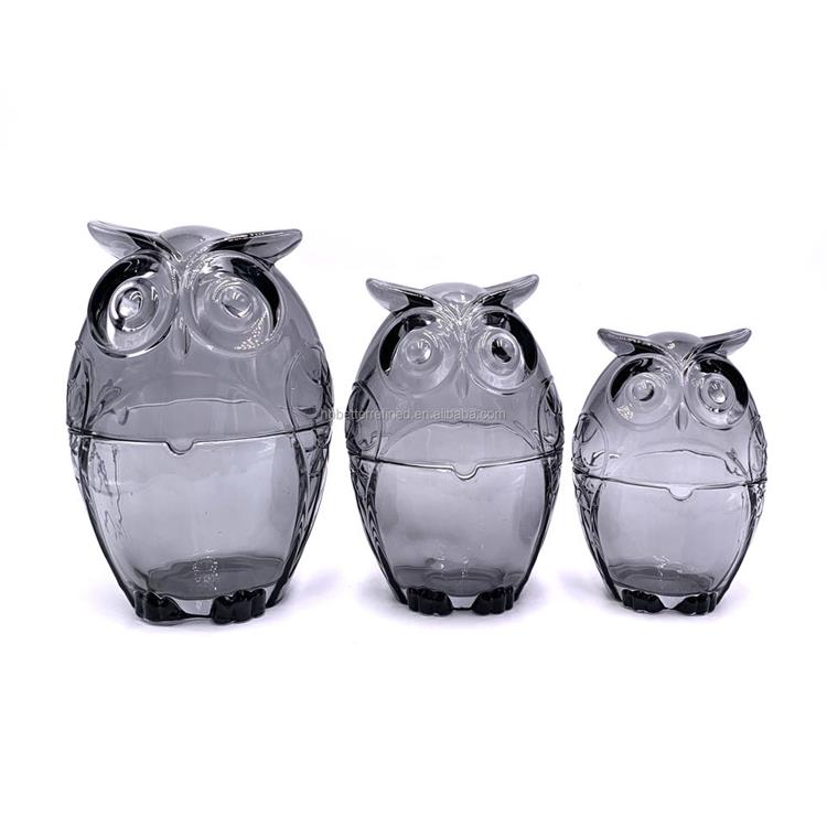 Light translucent grey owl lead free empty hand made glass candle jar