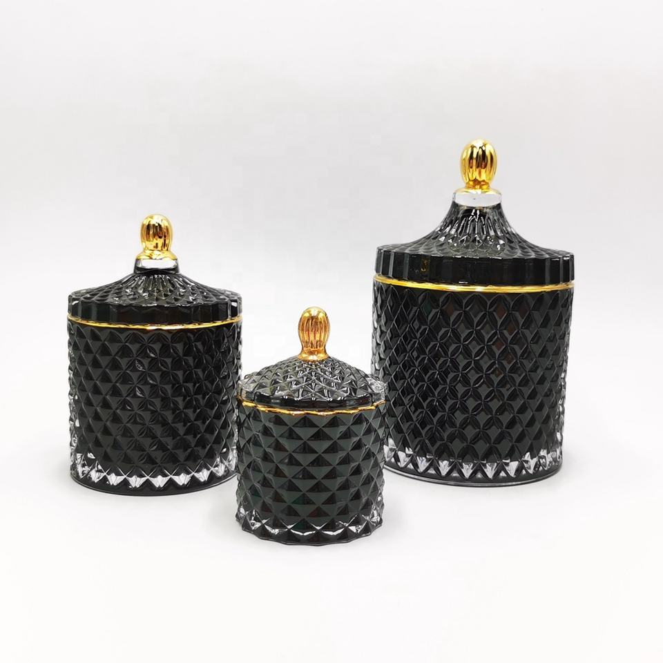 Diamond cut black travel mini empty glass candle jar with glass lid travel mini jar with gold rim