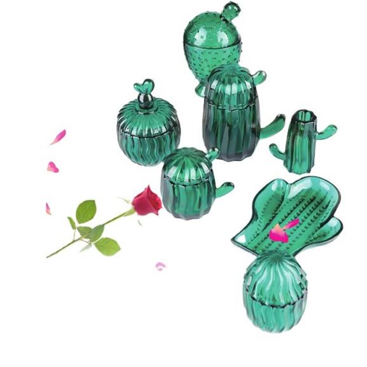 Hot sale high quality crystal green cactus shaped glass jar sets