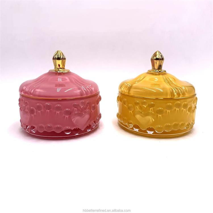 Small glass heart pink yellow shaped jar for candle making with glass lid crystal glass candy jar with lid