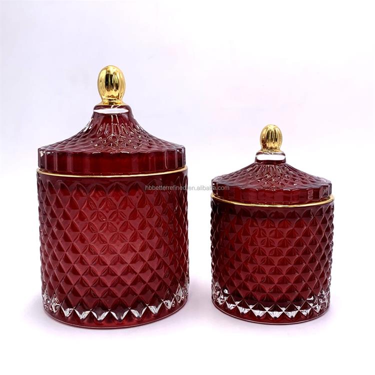 Diamond geo cut deep red shaped jar for candle making with glass lid crystal glass candy jar with lid wax container