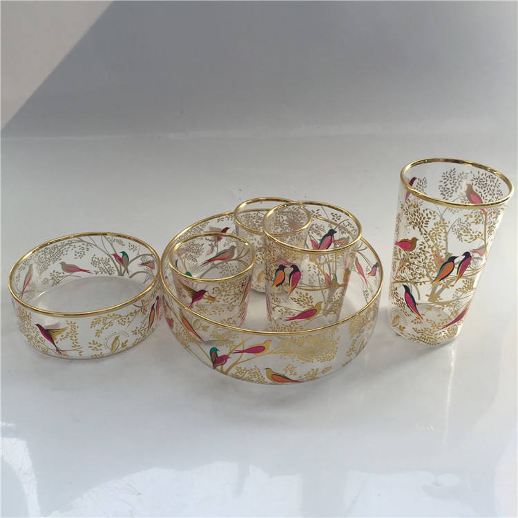 Wholesale hand drawing glasswares stained paper gold bird glass tableware candle jar without lid