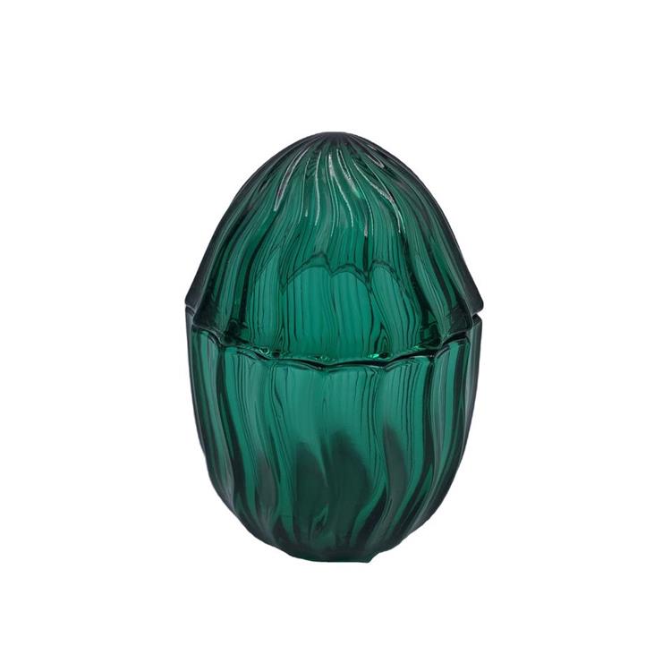 Wholesale hand made green egg shaped glass jar for candy or candle with lid small size colorful crystal glass candle jar