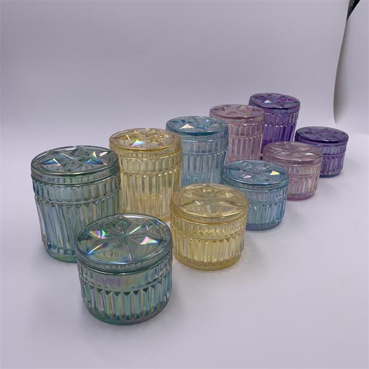 Wholesale unique ion plating colorful glass candle jar with lid hand made glass candy jar