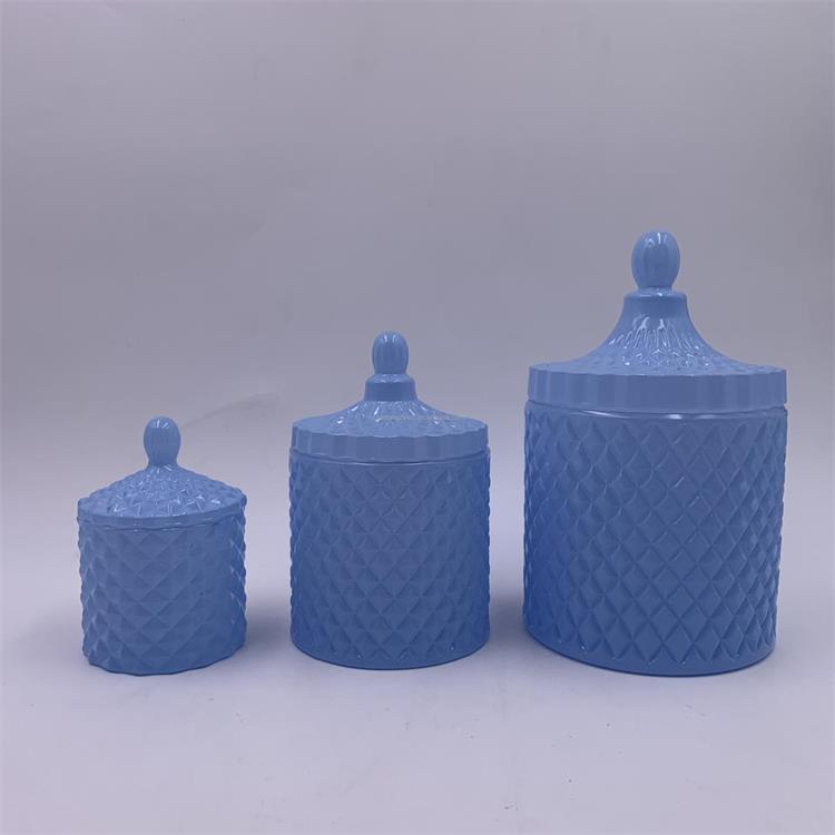 Wholesale blue luxury glass candle jar with lid glass cookie jar wax cup soy container geo cut 8oz 12oz